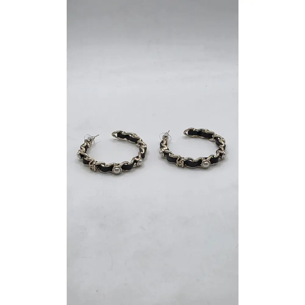 Chanel 2019 Faux Pearl Leather Interlocking CC Hoop Earrings
